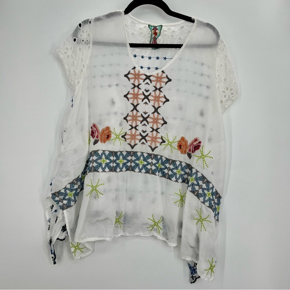 Johnny Was Tops - Johnny Was Silk Women Floral Embroidered Blouse Top Kaftan Sheer Eyelet Size M
